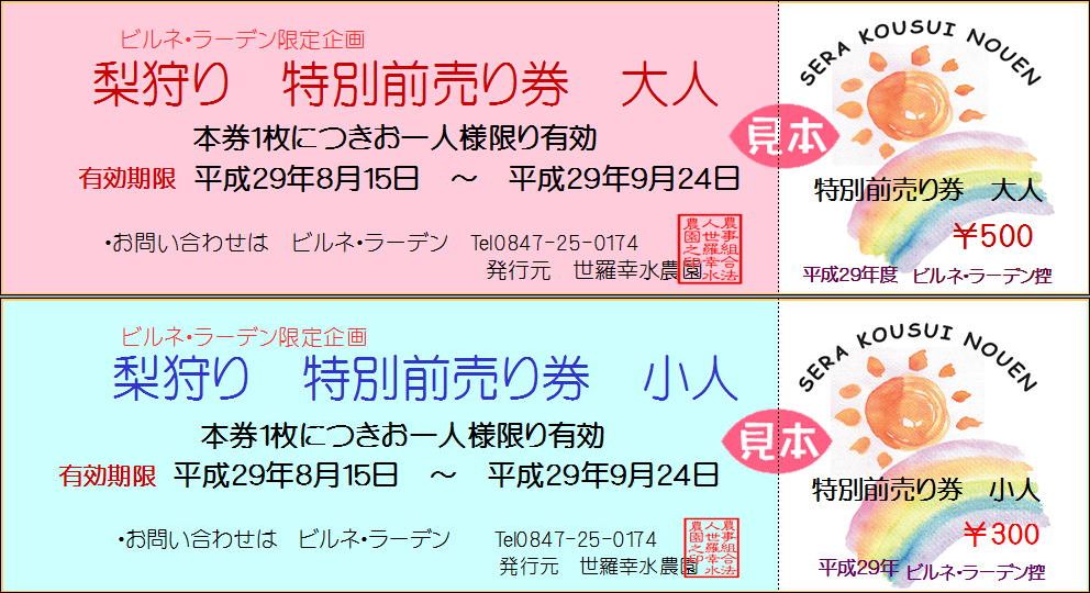 梨狩り 特別前売り券 50 40 Off ネット 期間限定で販売開始 ビルネ ラーデン 世羅幸水農園の直売所